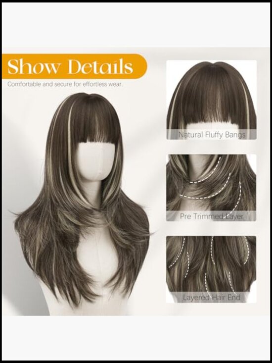 24 Inch Long Straight Layered Wig with Bangs Full Head Synthetic Heat Resistant